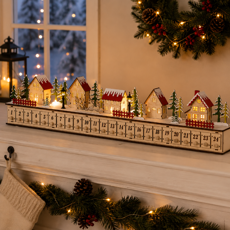 LELUMP™ Home Reflections Christmas Village Advent Calendar – DIY Wooden Countdown Decoration with LED Lights, Music & 24 Gift Drawers