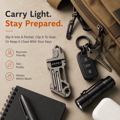 Titanium 8-in-1 Multi-Tool Keychain 8 essential tools in one pocket-sized keychain — ready to open, tighten, cut, and fix whatever the day throws at you.