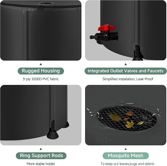 🔥Collapsible Rain Barrel,  , 100 Gallon Portable Rain Water Collection Barrel, 1000D PVC Rainwater Collection System, Garden Water Catcher Tank Storage Container with Spigot & Overflow Kit, Black#SohoChic