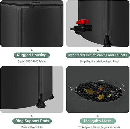 🔥Collapsible Rain Barrel,  , 100 Gallon Portable Rain Water Collection Barrel, 1000D PVC Rainwater Collection System, Garden Water Catcher Tank Storage Container with Spigot & Overflow Kit, Black#SohoChic