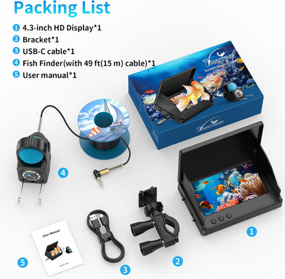 🎣 1080P Underwater Fishing Camera with IR Night Vision – 4.3" Screen, 98ft Cable, 12-Hr Battery | Fish Finder Camera for Ice, Lake, Boat & Kayak