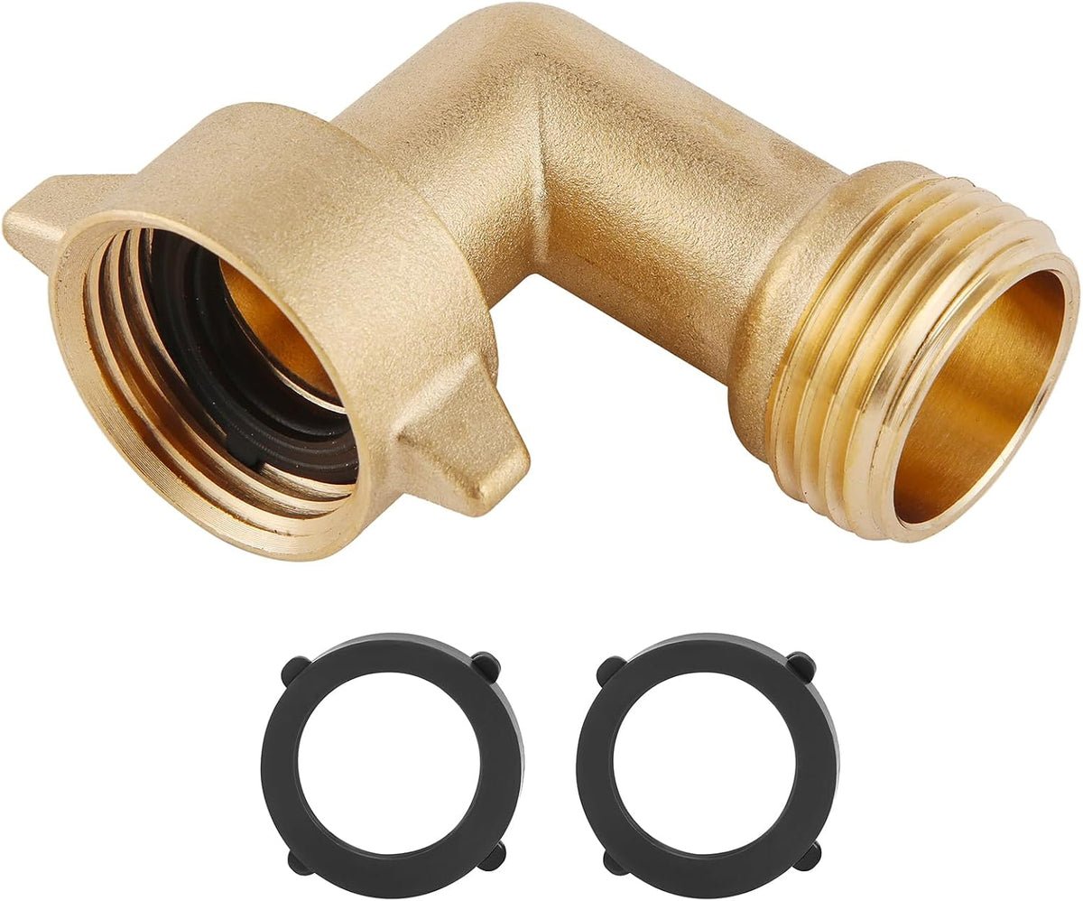 90° Brass Hose Elbow Connector 2-Pack – 3/4 - 11 1/2 NH connections , Lead-Free Solid Brass, Easy-Grip RV Water Hose Adapter for Outdoor Faucets