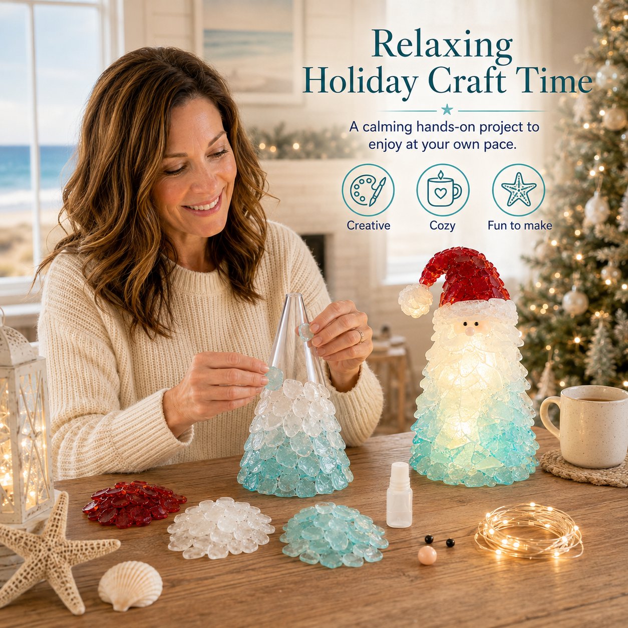 ⏳ Last Day 49% OFF – 🎅 Beginner-Friendly DIY Lighted Sea Glass Santa Christmas Decor Kit 💕