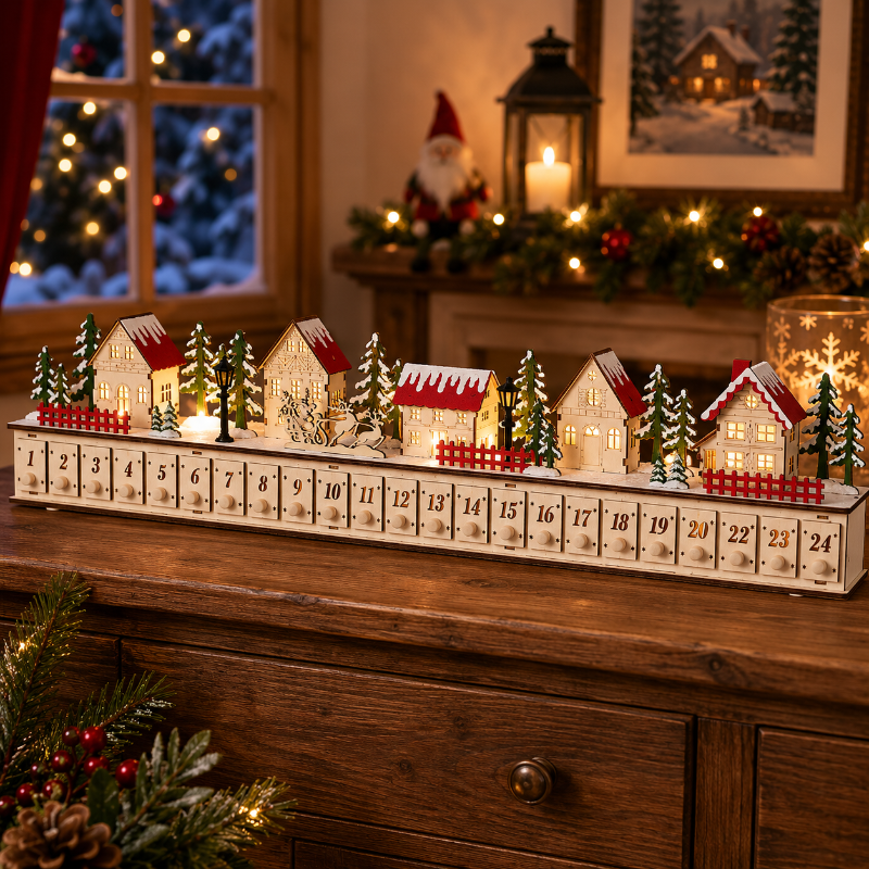 LELUMP™ Home Reflections Christmas Village Advent Calendar – DIY Wooden Countdown Decoration with LED Lights, Music & 24 Gift Drawers