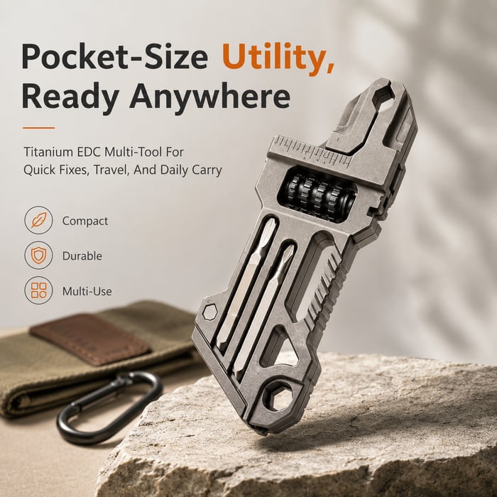 Titanium 8-in-1 Multi-Tool Keychain 8 essential tools in one pocket-sized keychain — ready to open, tighten, cut, and fix whatever the day throws at you.