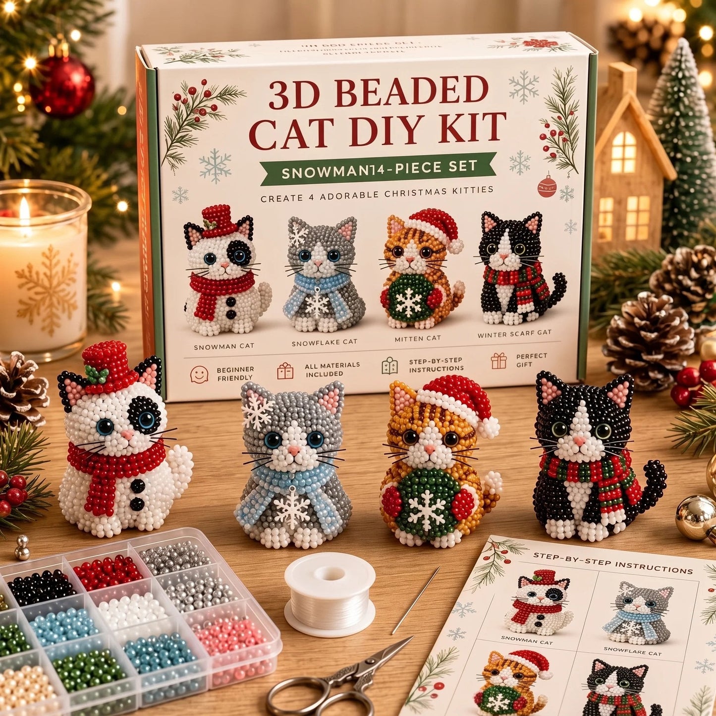 ⏳ Last Day 49% OFF – 🎄 Beginner-Friendly DIY 3D Christmas Beaded Ornament Kit | Complete 4-Piece Set with Glass Beads, All Tools & Step-by-Step Guide Included 💕