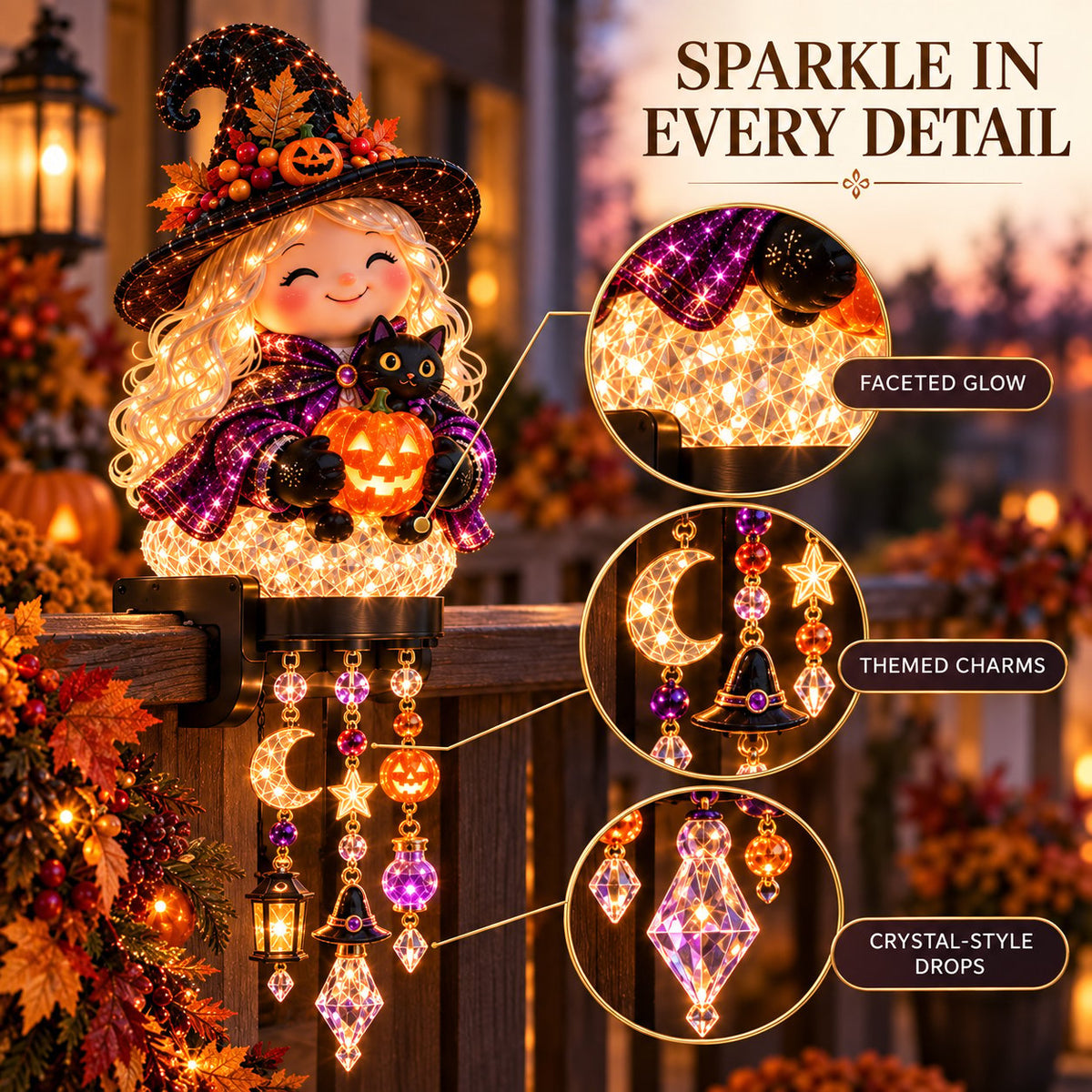🎃 Halloween Porch Magic Cascade Railing Lights – Pumpkin, Witch, Ghost & Black Cat🎃🎃