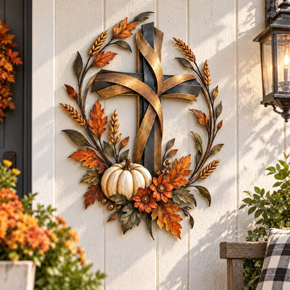 🎃Halloween Deal 50% OFF! ✝️🍂 Autumn Cross & Pumpkin Harvest Metal Wall Decor
