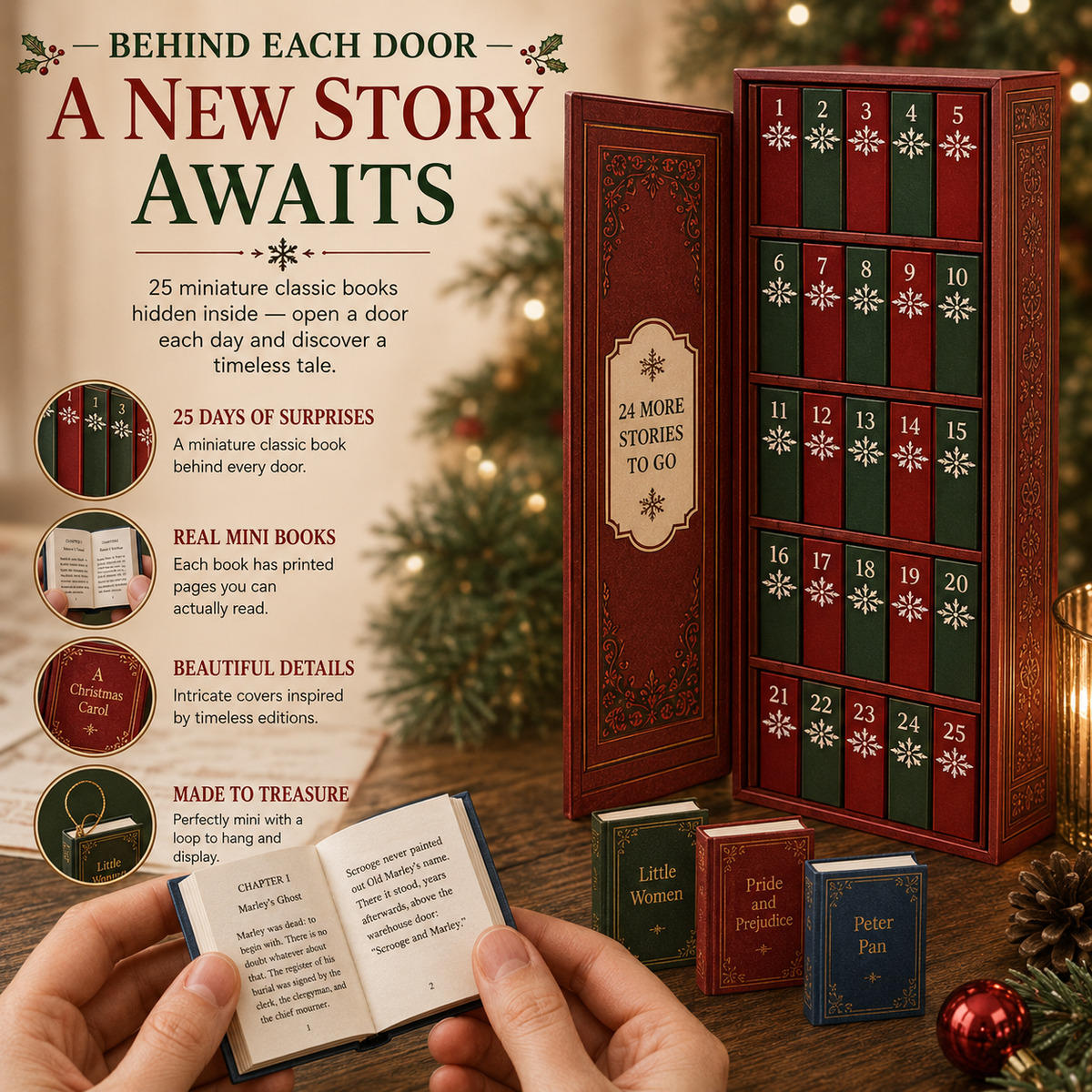 📚 25-Day Book Advent Calendar – 25 Openable Mini Book Ornaments