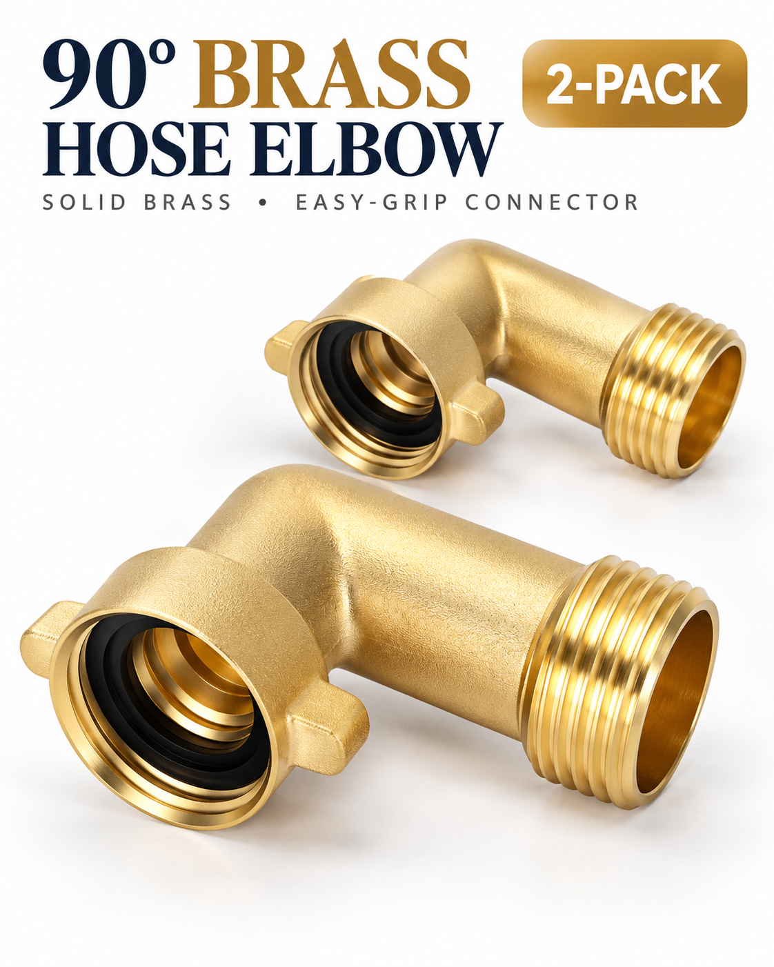 90° Brass Hose Elbow Connector 2-Pack – 3/4 - 11 1/2 NH connections , Lead-Free Solid Brass, Easy-Grip RV Water Hose Adapter for Outdoor Faucets