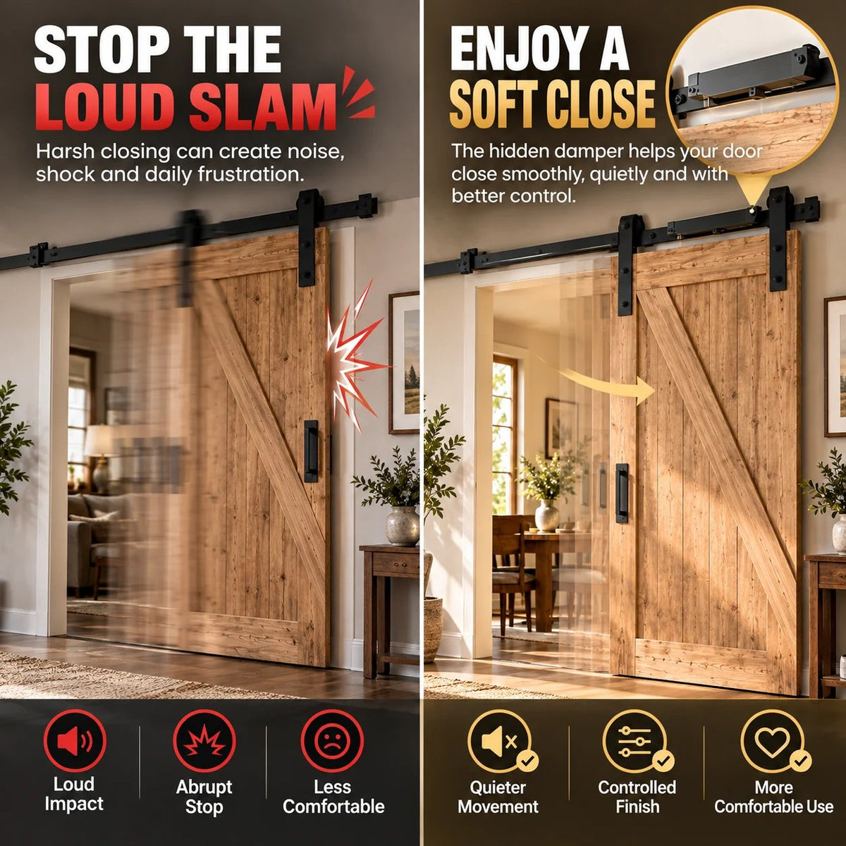 🚪 Barn Door Soft Close Kit – Hidden Anti-Slam Damper Hardware for 88–132 lb Flat Track Sliding Doors