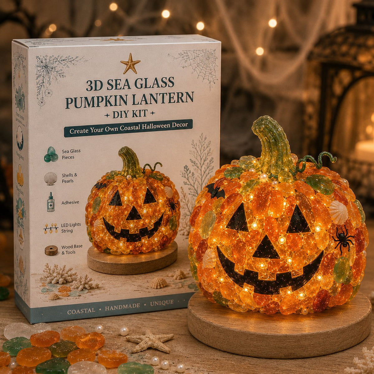 🔥😍 Last Day 49% OFF – 🎃 Beginner-Friendly DIY Lighted Sea Glass Halloween Character Kit Collection💕