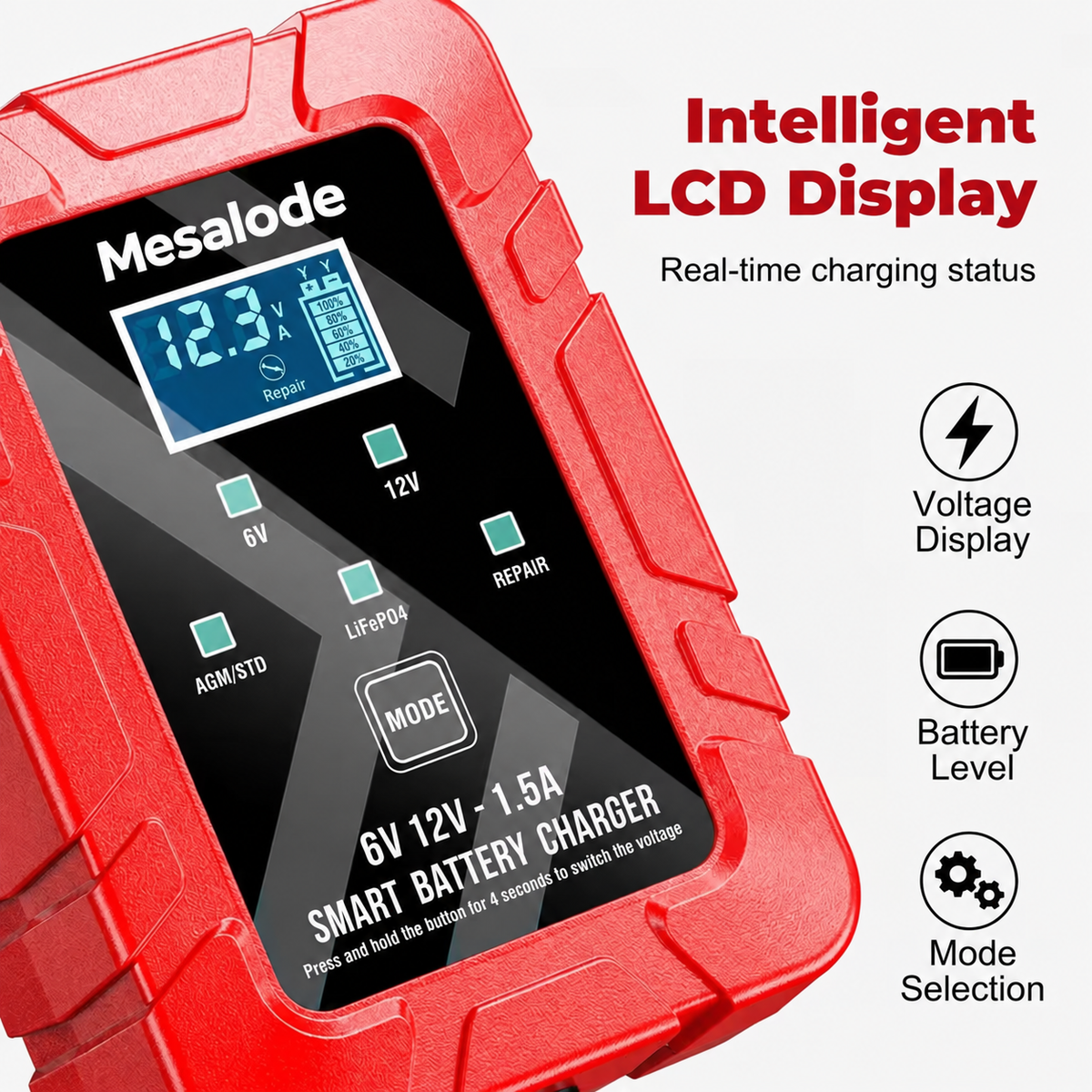 1.5A 6V/12V Smart Battery Charger – LCD Display & Battery Repair Mode