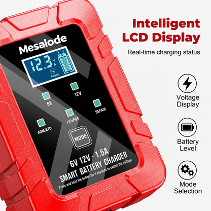 1.5A 6V/12V Smart Battery Charger – LCD Display & Battery Repair Mode