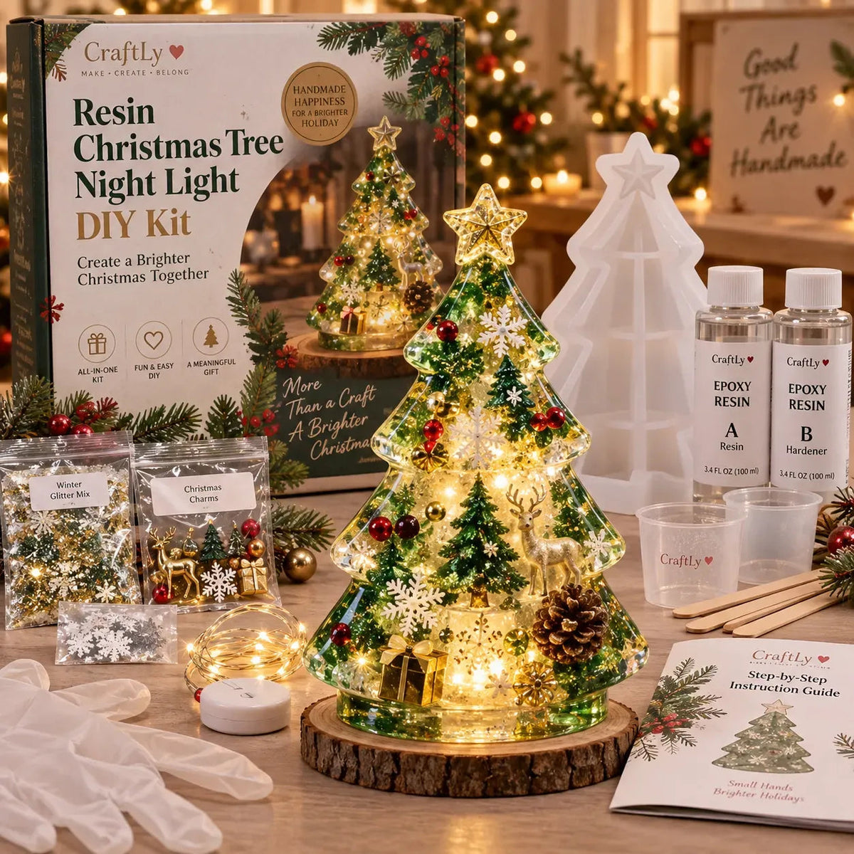 🎄 ✨Beginner-Friendly Resin Christmas Tree Night Light DIY Kit | Complete Kit with Mold, Resin, Fairy Lights & Festive Decorations ✨