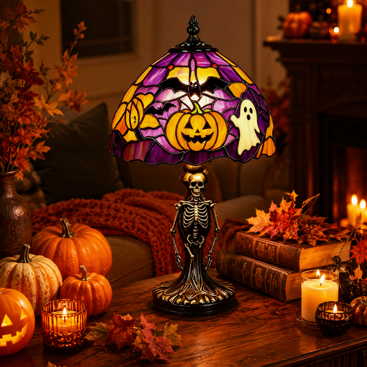 👻Halloween Skeleton Stained-Glass-Style Table Lamp