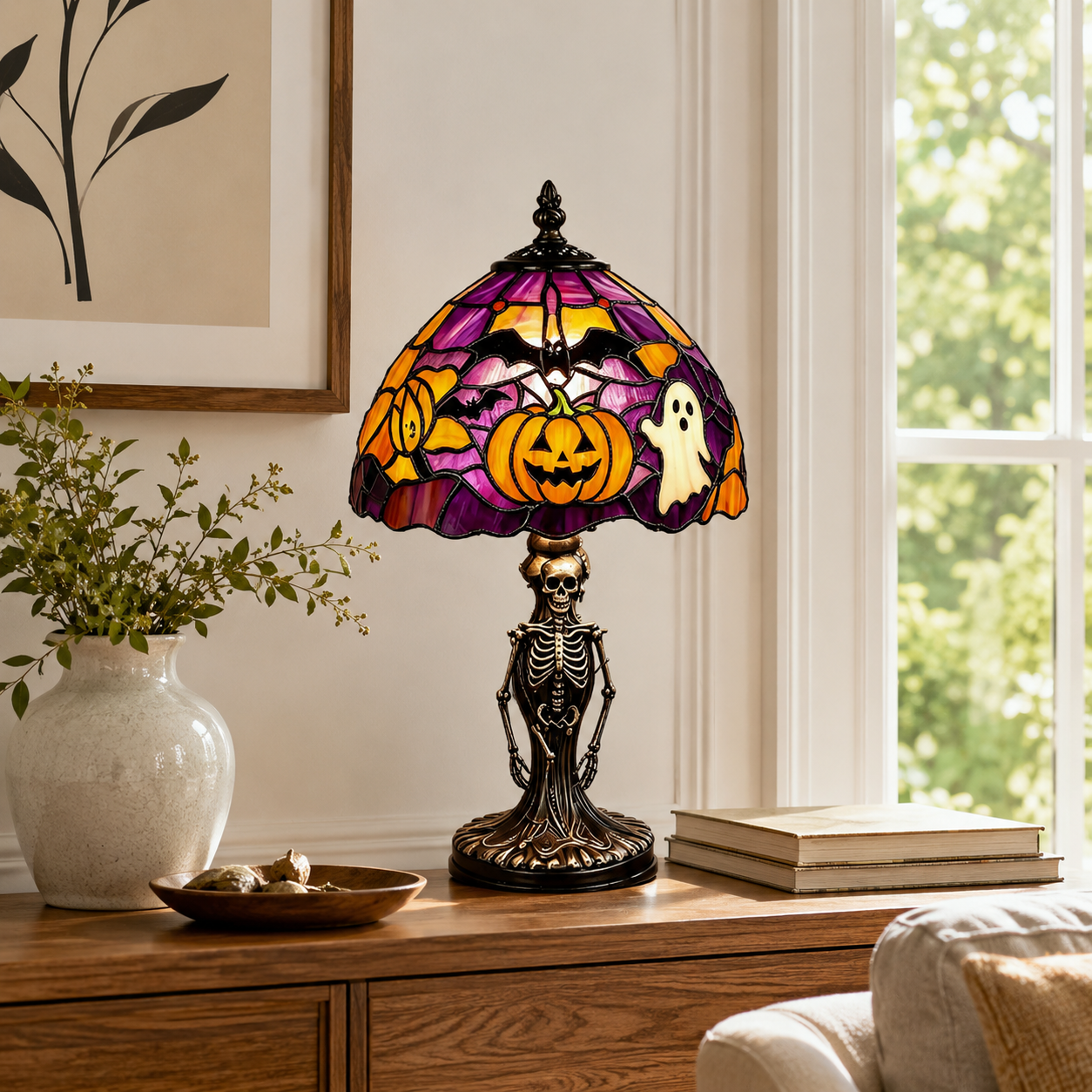 👻Halloween Skeleton Stained-Glass-Style Table Lamp