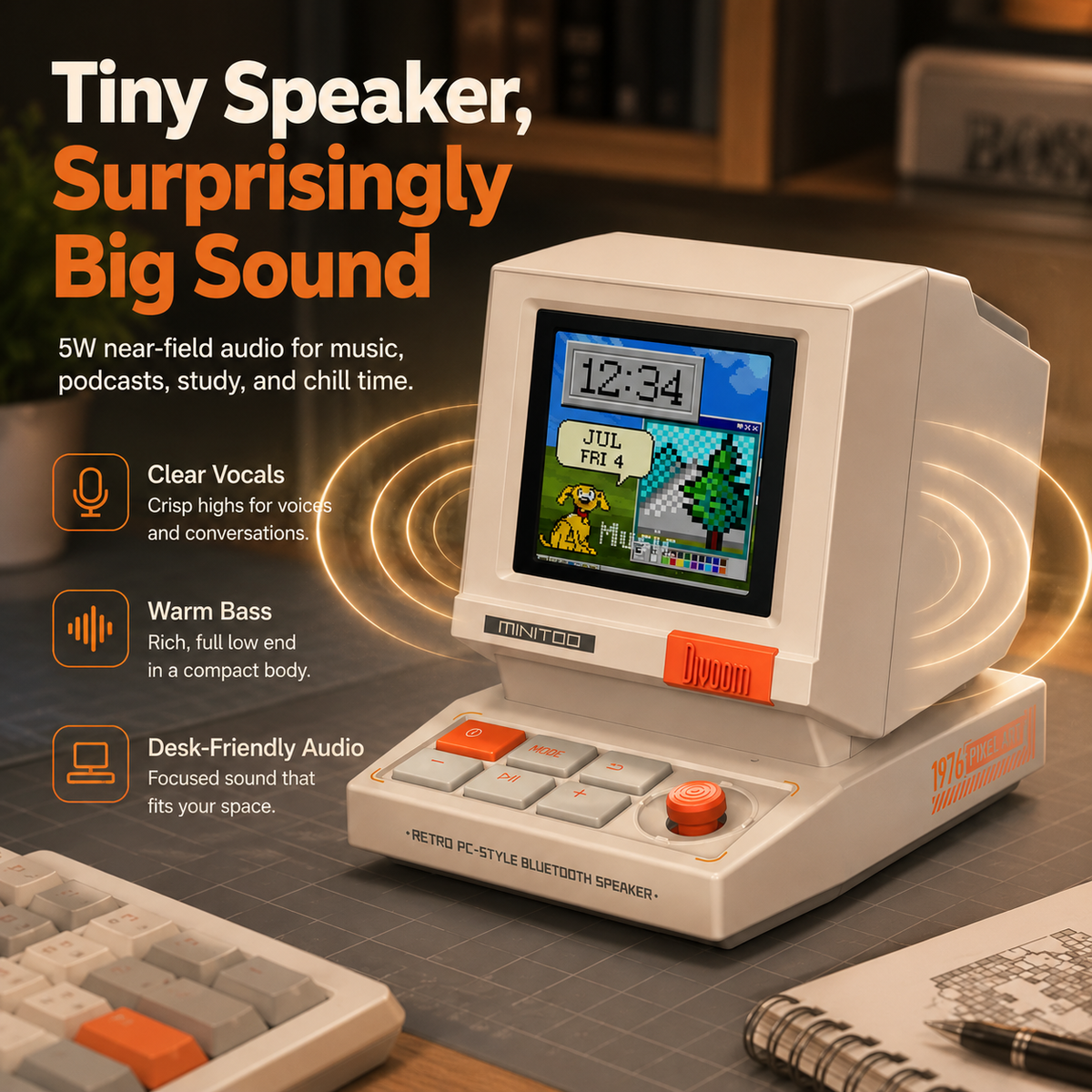 MiniToo Retro PC-Style Computer Speaker, Pixel Screen with DIY Faces | Bluetooth & USB Audio, Alarm/White Noise Clock, Desk Setup Gifts for Gaming