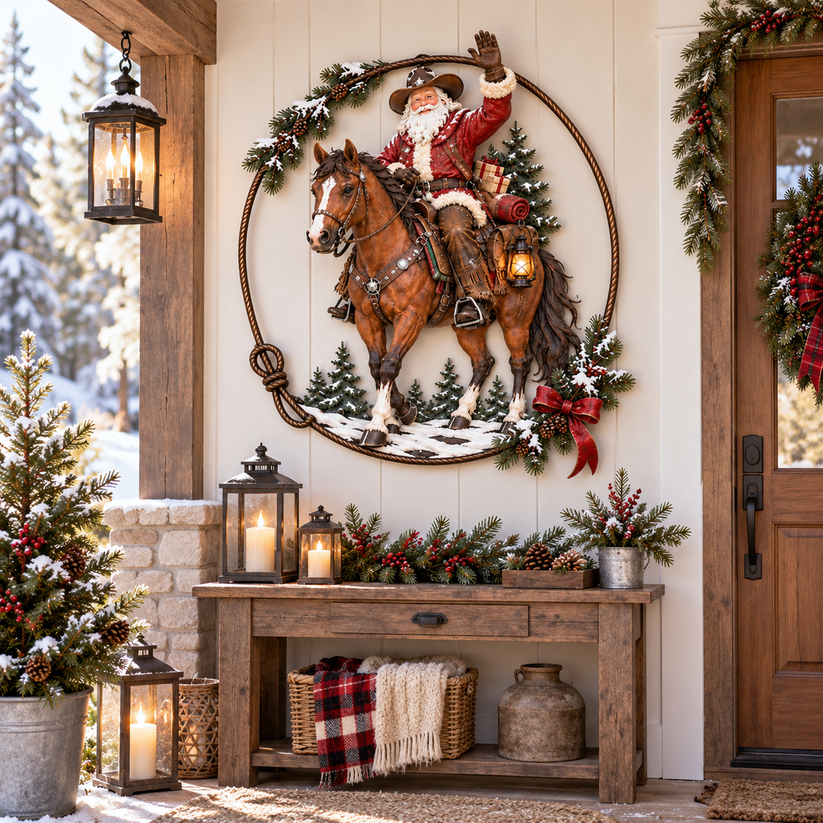 🤠🐎 Cowboy Santa Ranch Christmas Wall Art – Rustic Horse & Lasso Holiday Accent
