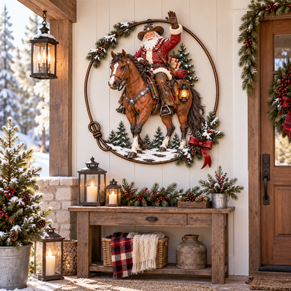 🤠🐎 Cowboy Santa Ranch Christmas Wall Art – Rustic Horse & Lasso Holiday Accent