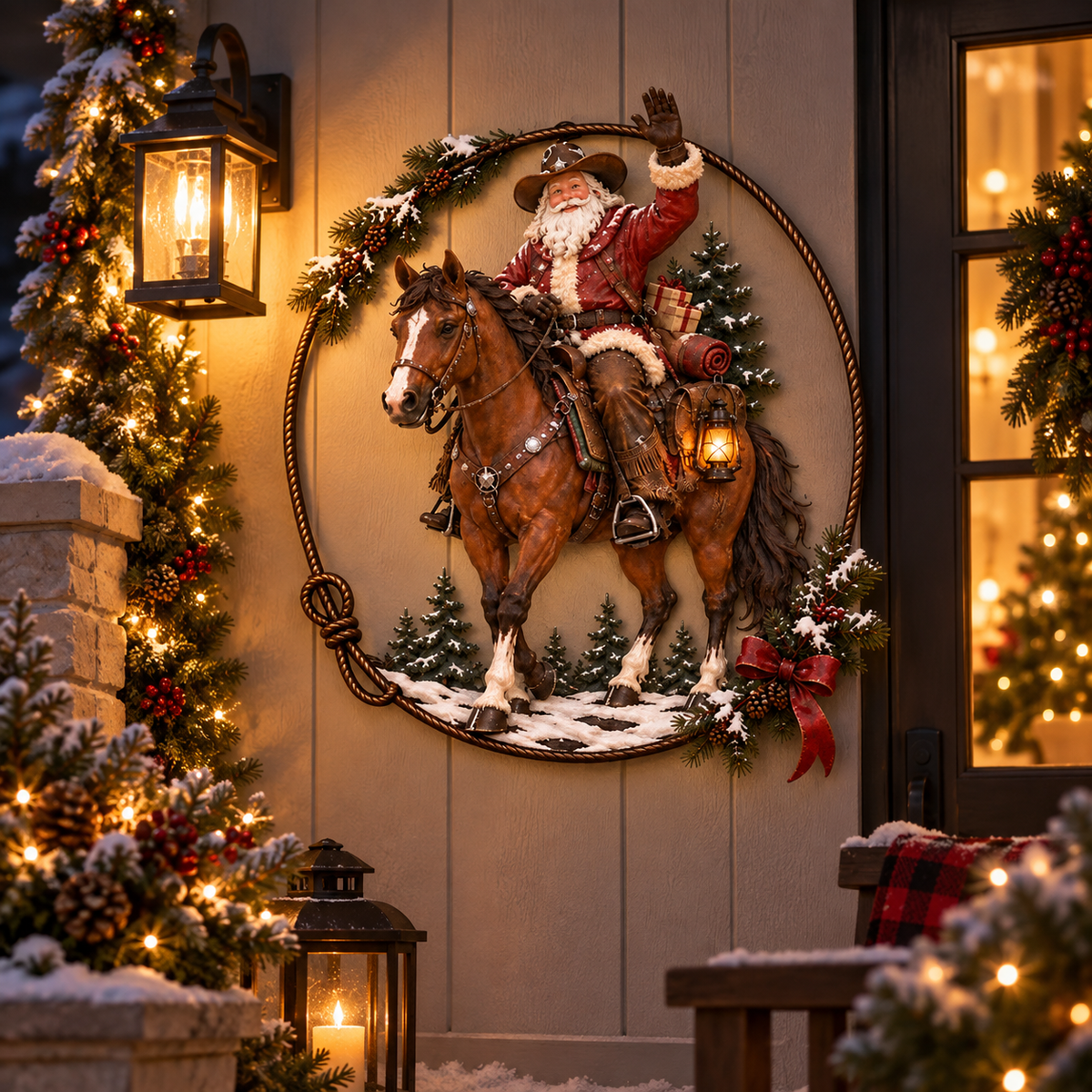 🤠🐎 Cowboy Santa Ranch Christmas Wall Art – Rustic Horse & Lasso Holiday Accent