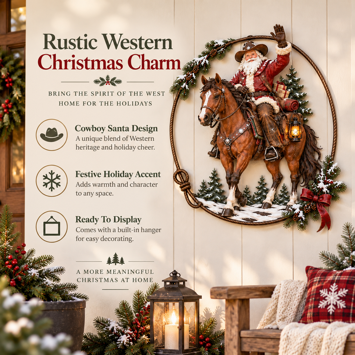 🤠🐎 Cowboy Santa Ranch Christmas Wall Art – Rustic Horse & Lasso Holiday Accent
