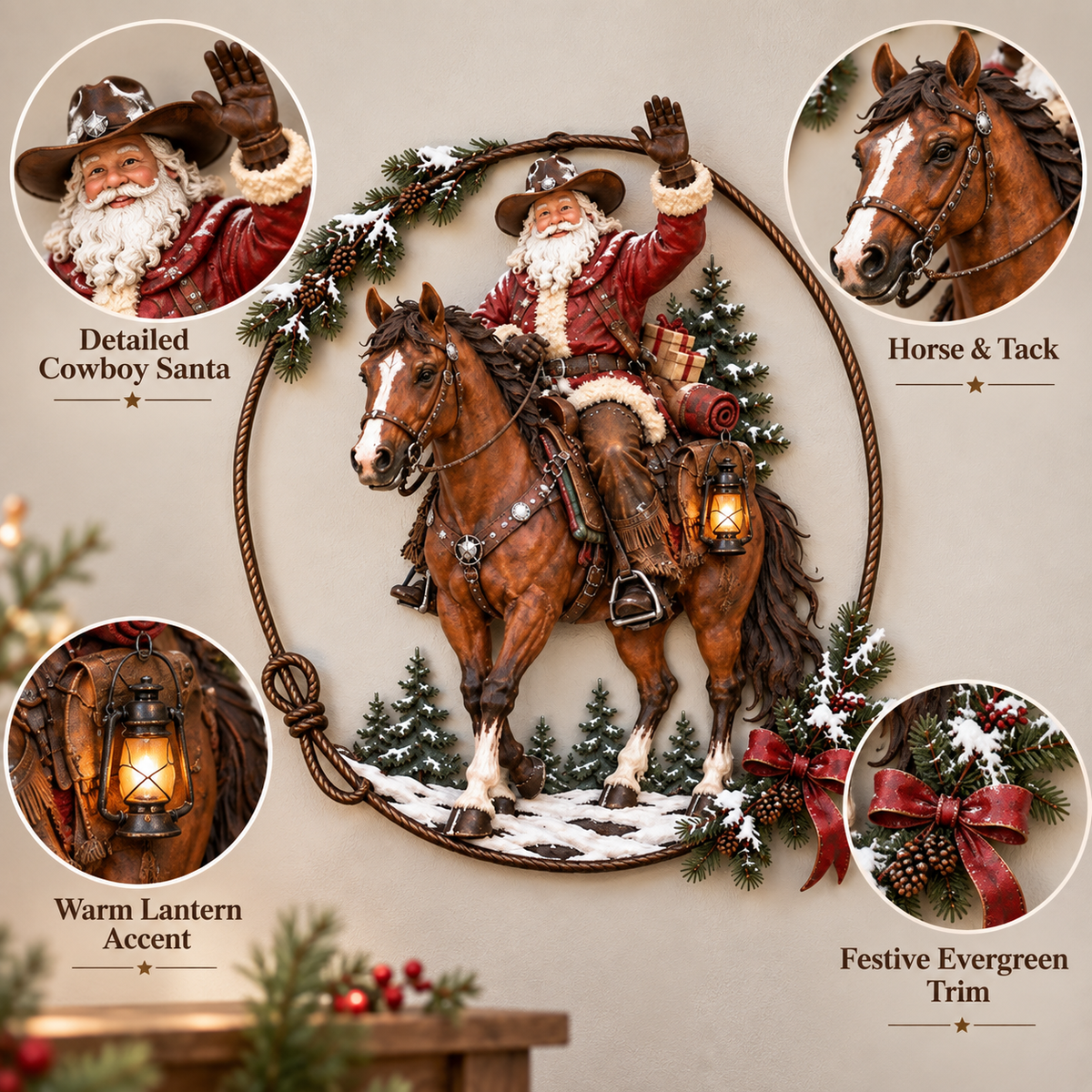 🤠🐎 Cowboy Santa Ranch Christmas Wall Art – Rustic Horse & Lasso Holiday Accent