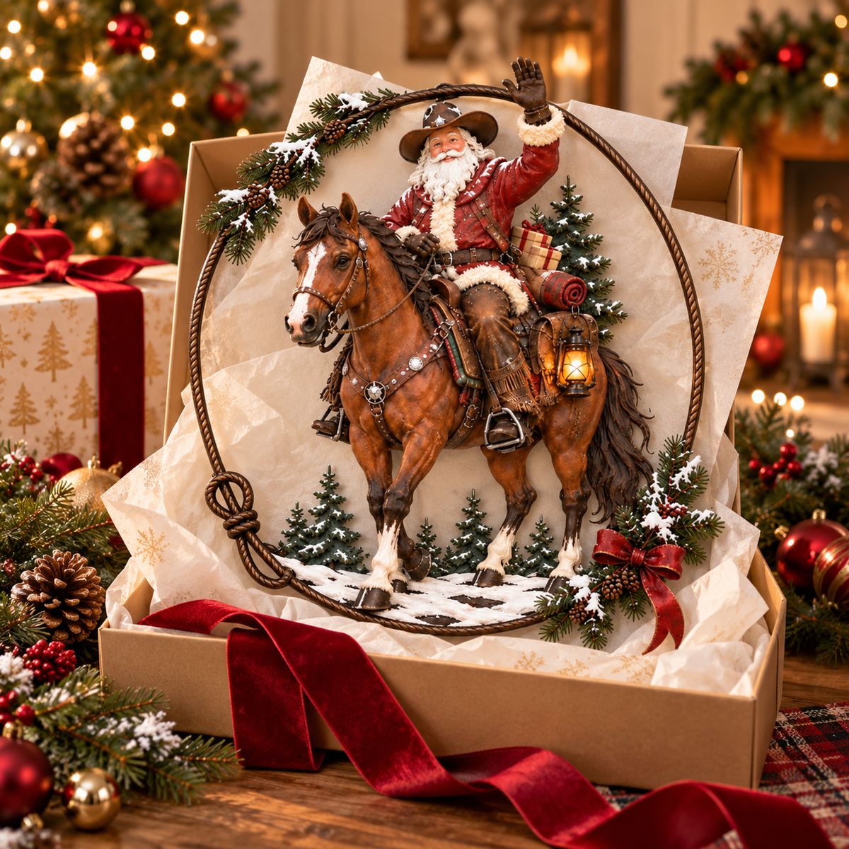 🤠🐎 Cowboy Santa Ranch Christmas Wall Art – Rustic Horse & Lasso Holiday Accent