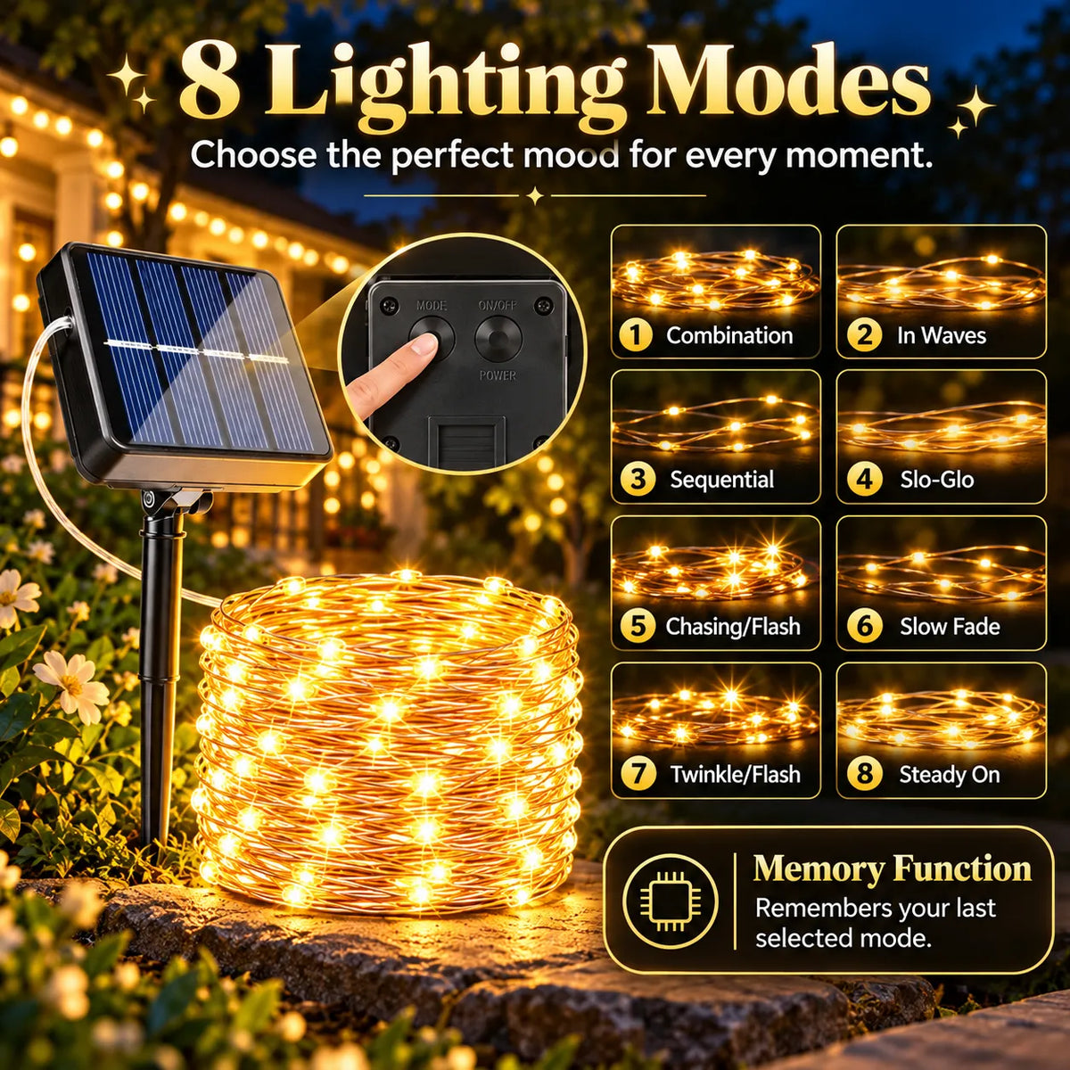 🎁Solar Outdoor String Lights – 72FT 200 LED Fairy Lights with 8 Modes