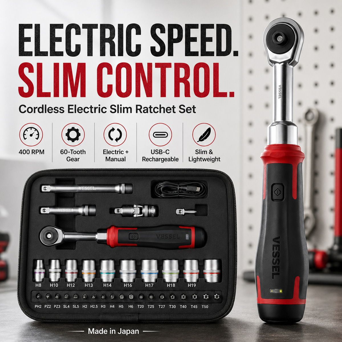 Cordless Electric Slim Ratchet Set | 400 RPM 31-Bit Tool Kit