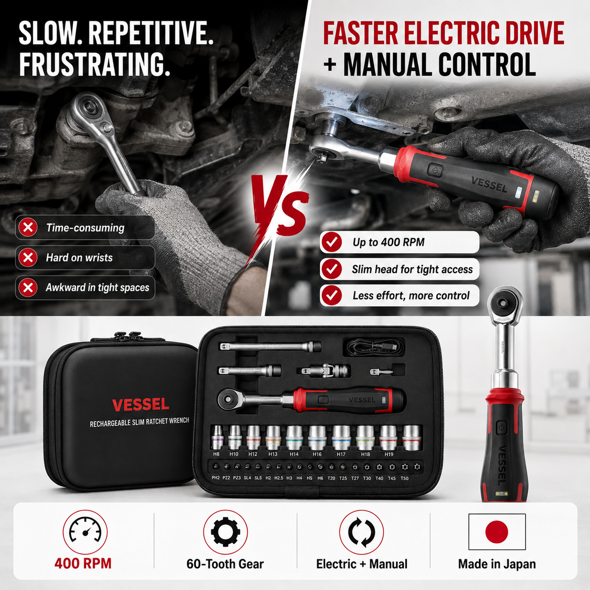 Cordless Electric Slim Ratchet Set | 400 RPM 31-Bit Tool Kit