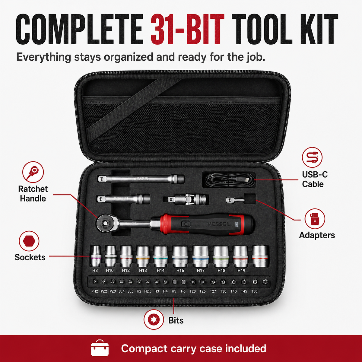 Cordless Electric Slim Ratchet Set | 400 RPM 31-Bit Tool Kit