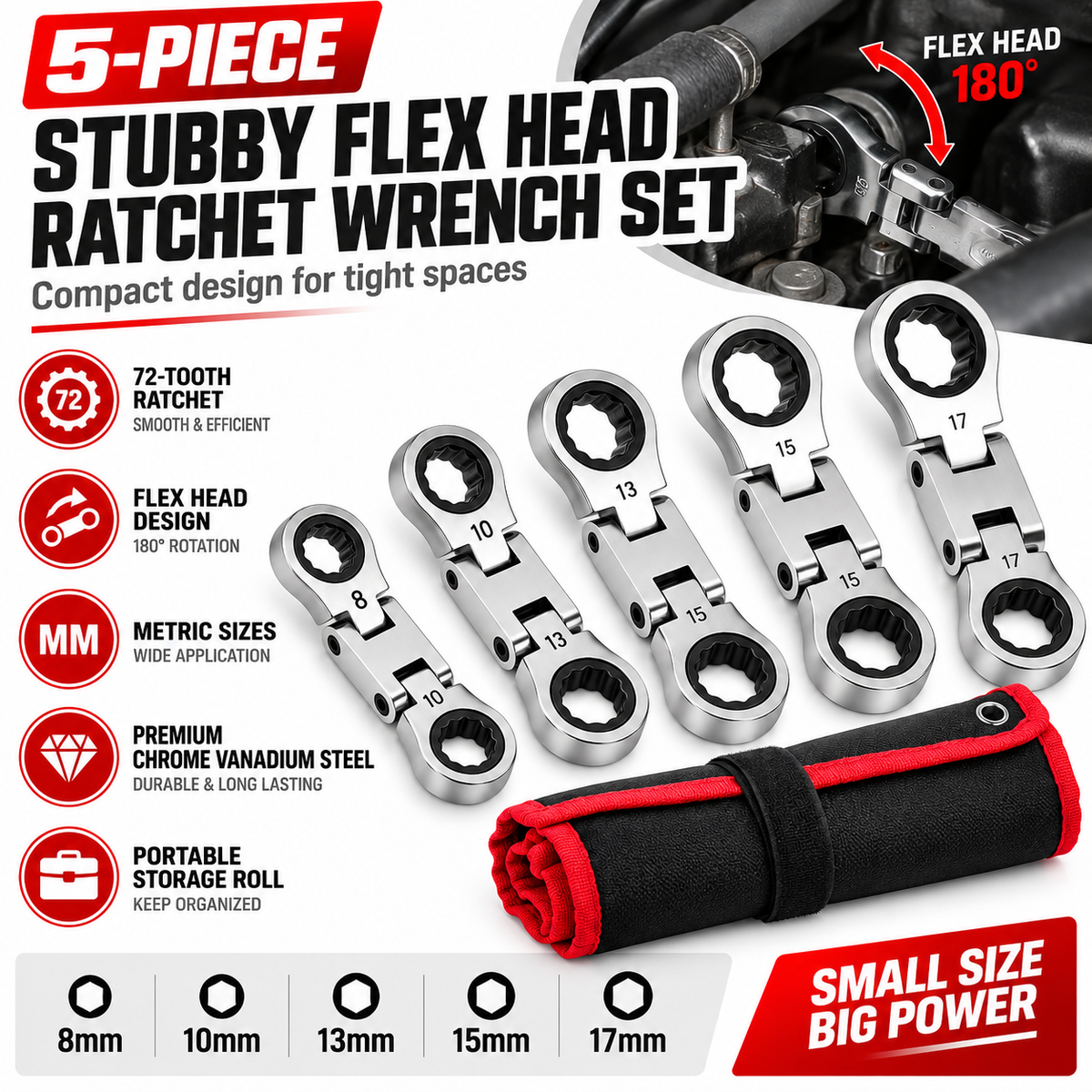 🛠️ 5-Piece Stubby Flex Head Ratchet Wrench Set | 72-Tooth Metric Mechanic Tools
