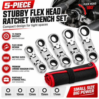 🛠️ 5-Piece Stubby Flex Head Ratchet Wrench Set | 72-Tooth Metric Mechanic Tools