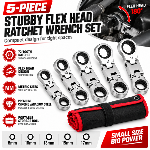 🛠️ 5-Piece Stubby Flex Head Ratchet Wrench Set | 72-Tooth Metric Mechanic Tools