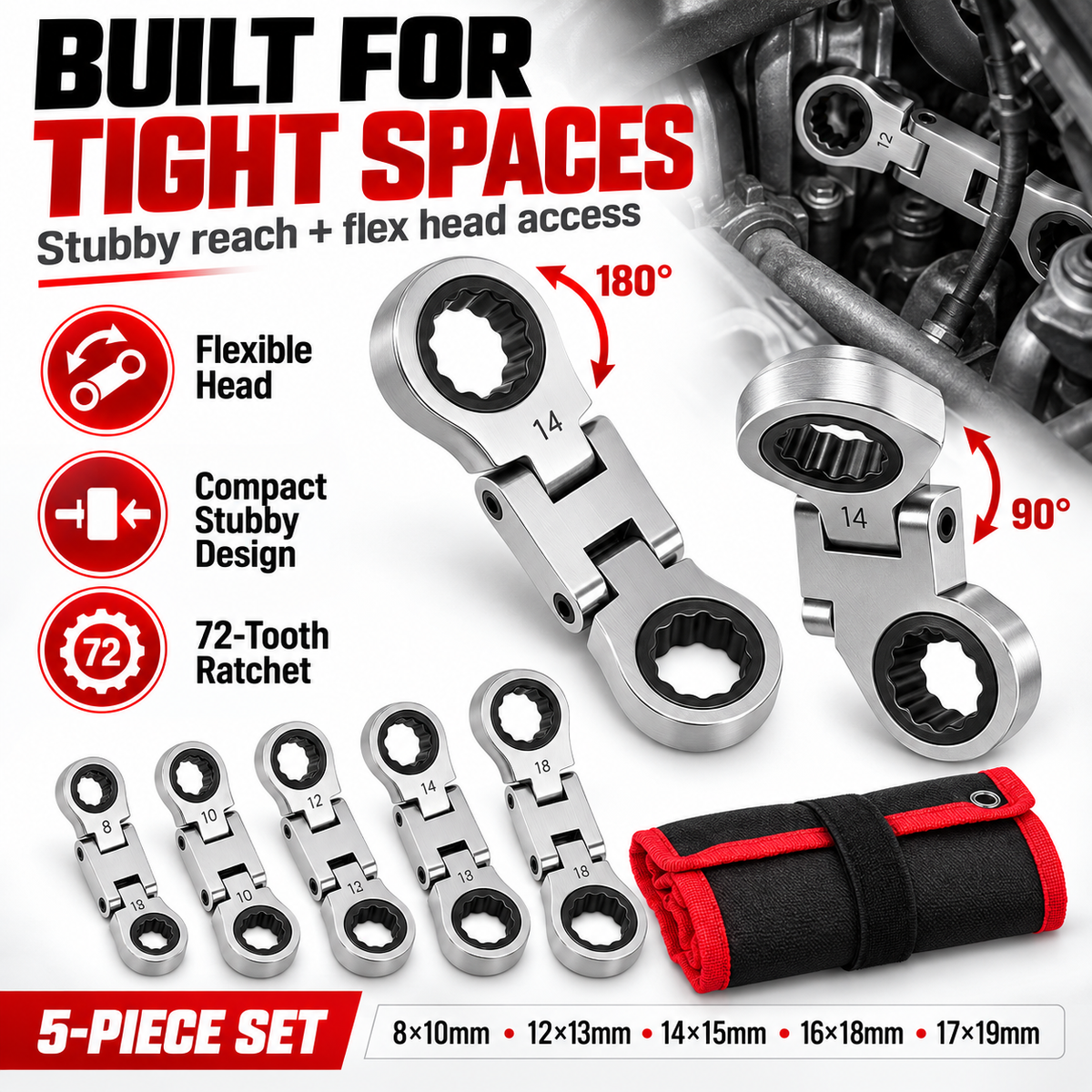 🛠️ 5-Piece Stubby Flex Head Ratchet Wrench Set | 72-Tooth Metric Mechanic Tools