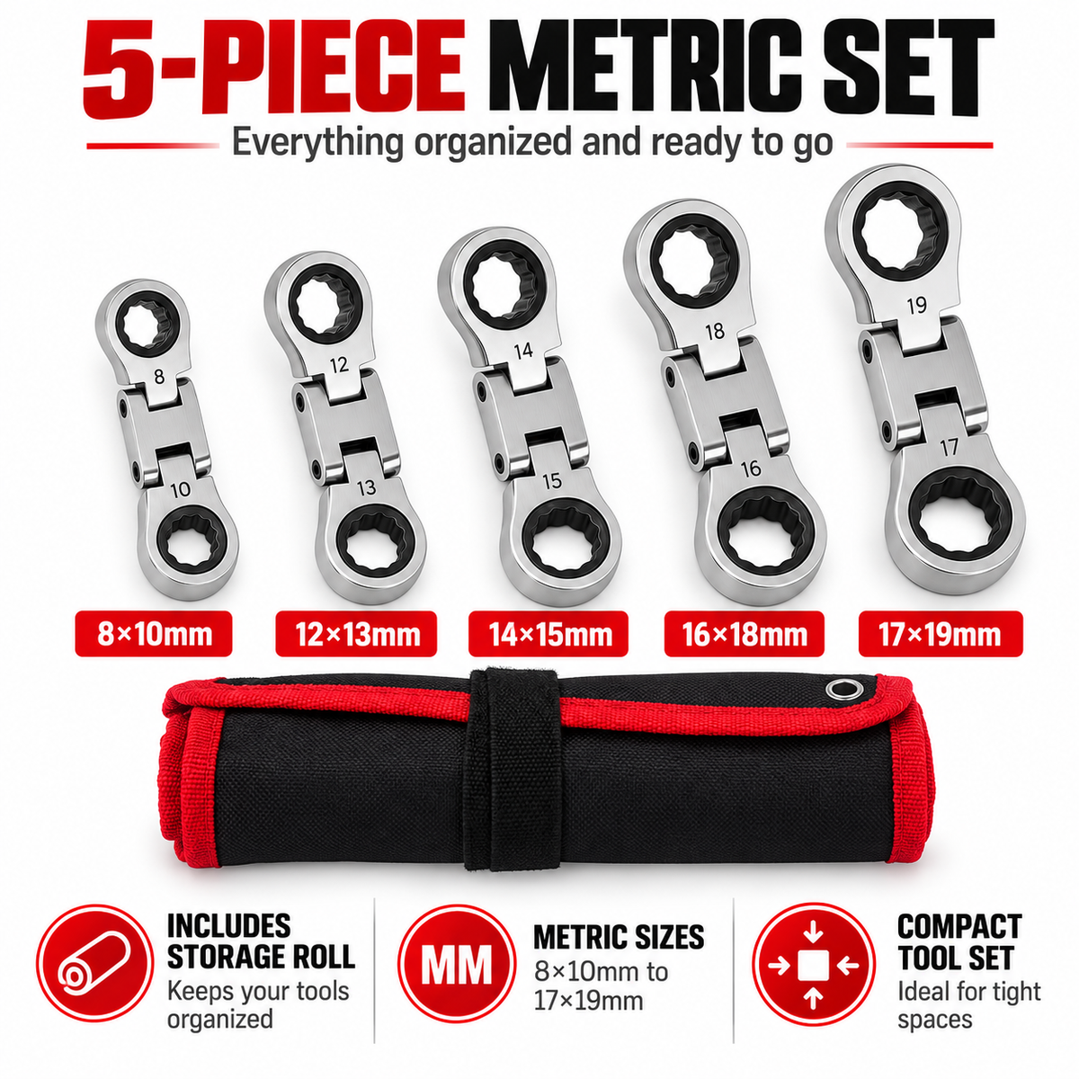 🛠️ 5-Piece Stubby Flex Head Ratchet Wrench Set | 72-Tooth Metric Mechanic Tools
