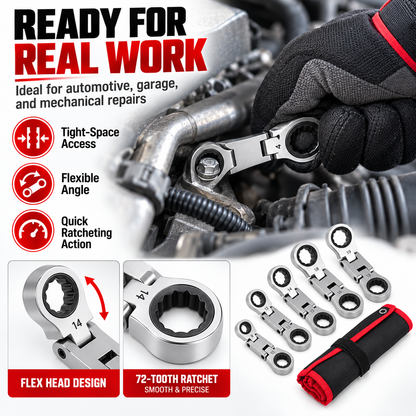 🛠️ 5-Piece Stubby Flex Head Ratchet Wrench Set | 72-Tooth Metric Mechanic Tools