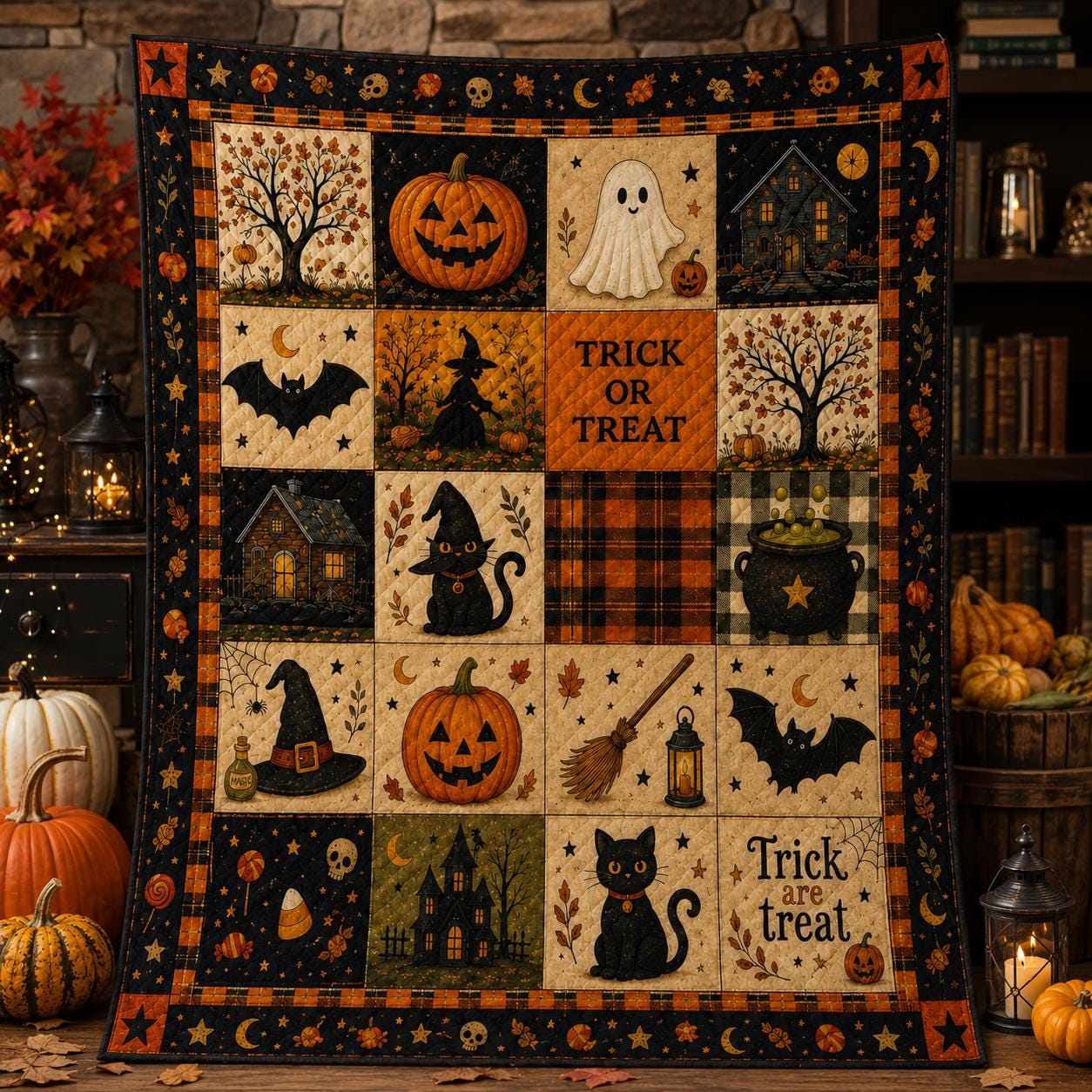 🎃 Halloween Patchwork Quilt Blanket – Cozy Fall Throw for Sofa, Bed & Home Décor