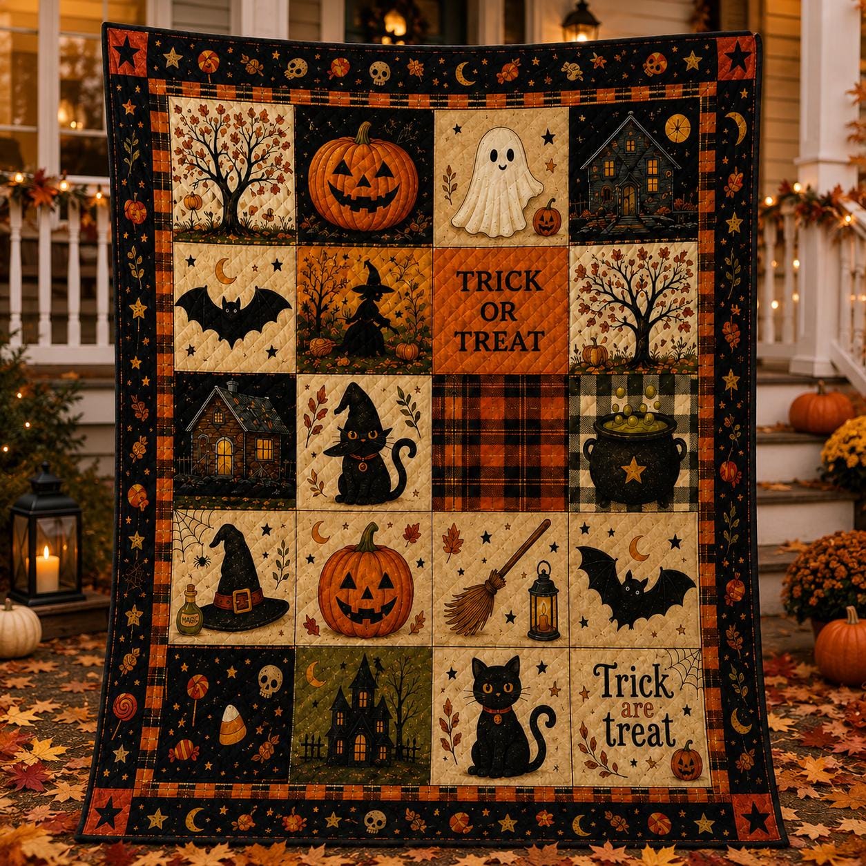 🎃 Halloween Patchwork Quilt Blanket – Cozy Fall Throw for Sofa, Bed & Home Décor