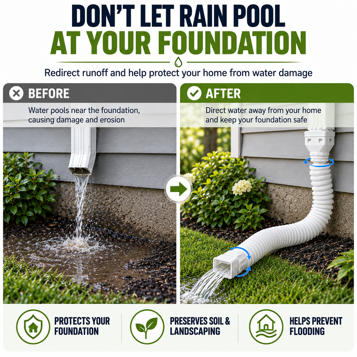 🏡 Flexible Rain Gutter Downspout Extension Kit  – Adjustable 22"-63" Drain Pipe with Leaf Filter for Foundation Protection