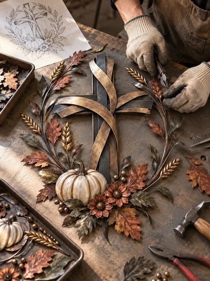🎃Halloween Deal 50% OFF! ✝️🍂 Autumn Cross & Pumpkin Harvest Metal Wall Decor