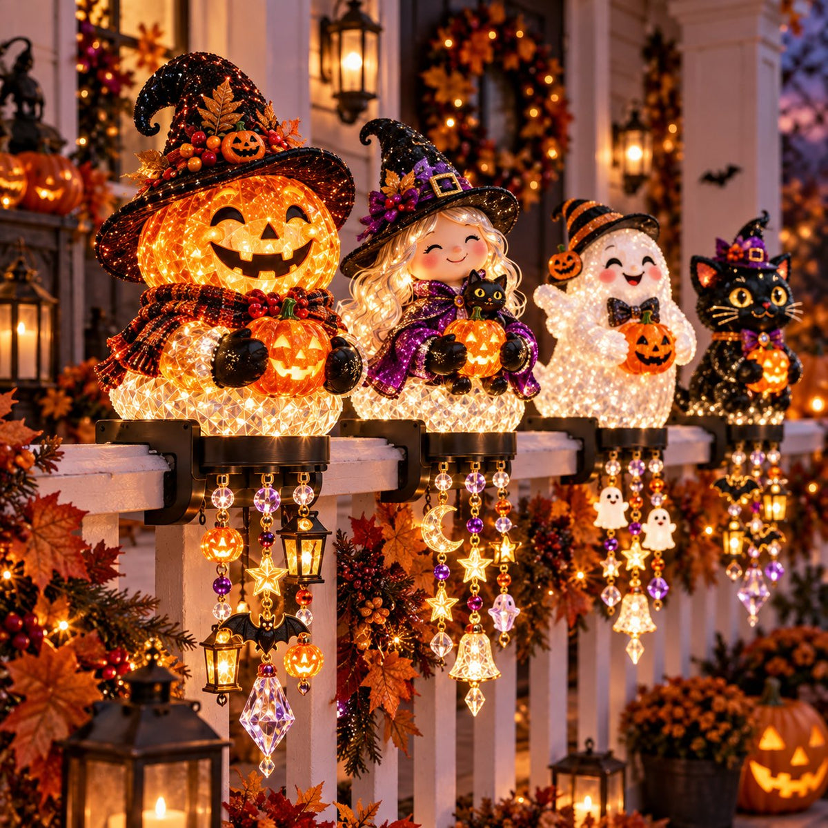 🎃 Halloween Porch Magic Cascade Railing Lights – Pumpkin, Witch, Ghost & Black Cat🎃🎃