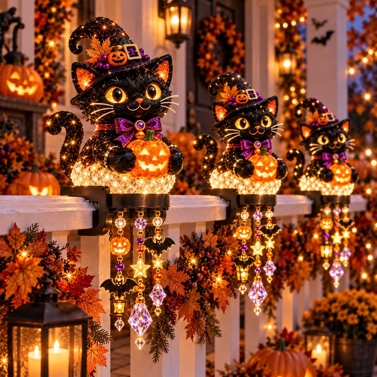 🎃 Halloween Porch Magic Cascade Railing Lights – Pumpkin, Witch, Ghost & Black Cat🎃🎃