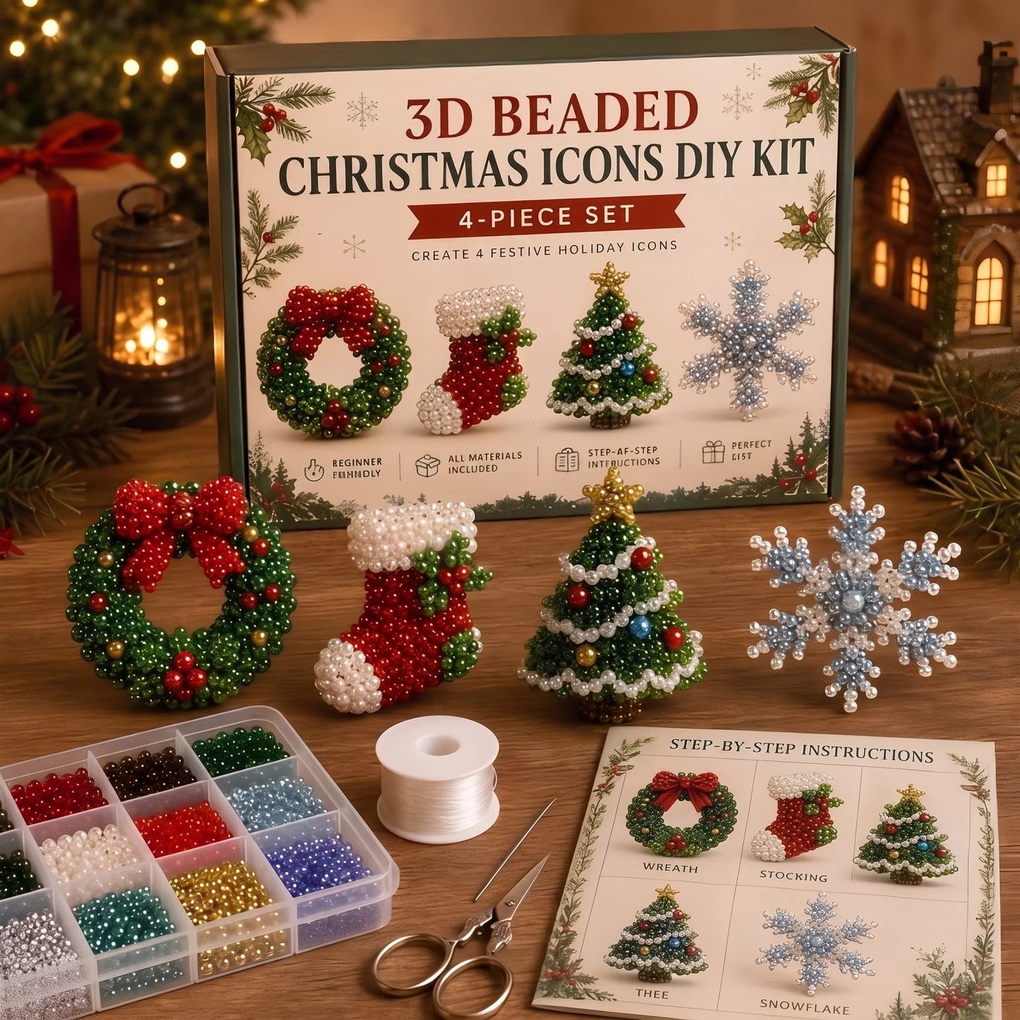 ⏳ Last Day 49% OFF – 🎄 Beginner-Friendly DIY 3D Christmas Beaded Ornament Kit | Complete 4-Piece Set with Glass Beads, All Tools & Step-by-Step Guide Included 💕