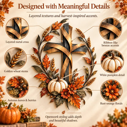 🎃Halloween Deal 50% OFF! ✝️🍂 Autumn Cross & Pumpkin Harvest Metal Wall Decor