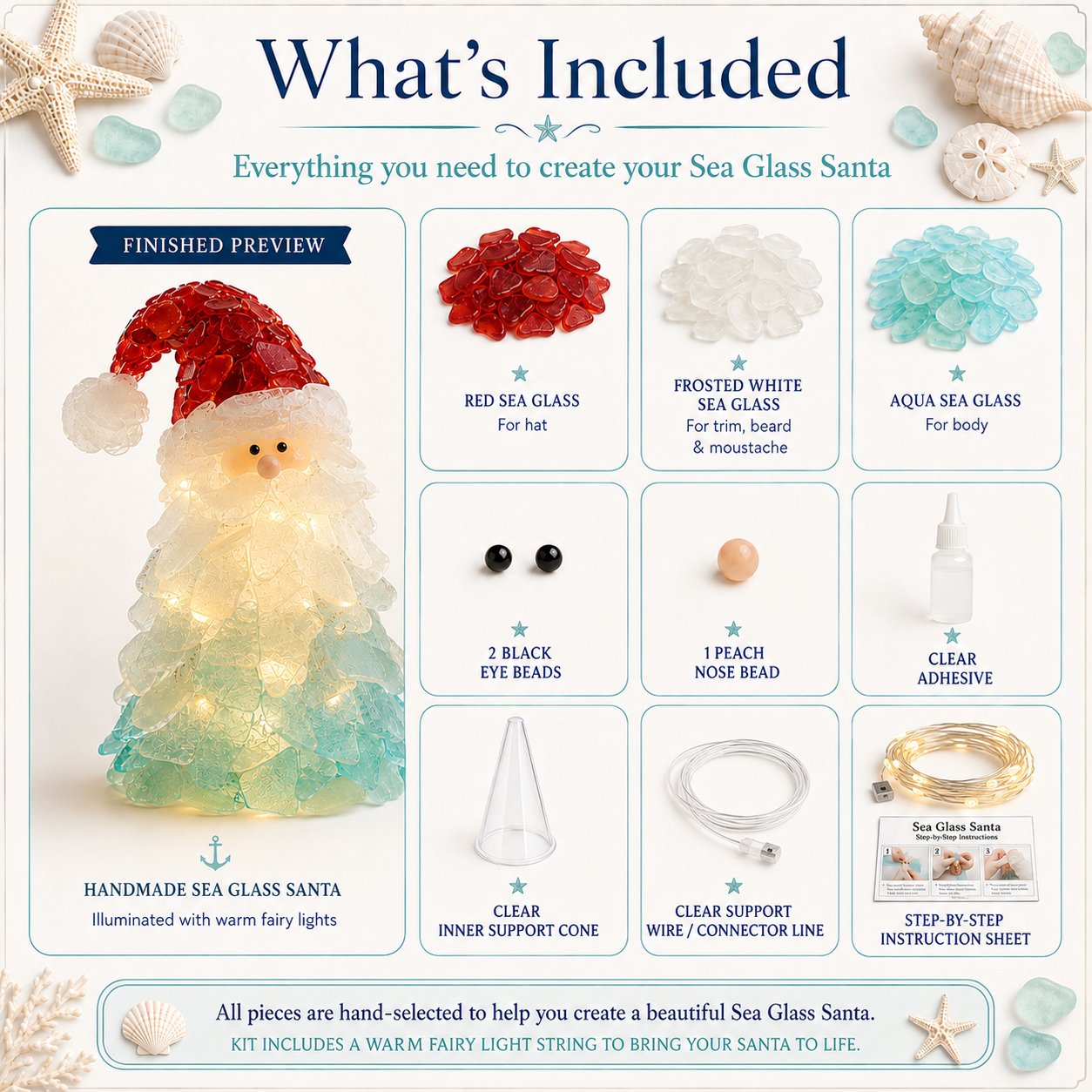 ⏳ Last Day 49% OFF – 🎅 Beginner-Friendly DIY Lighted Sea Glass Santa Christmas Decor Kit 💕