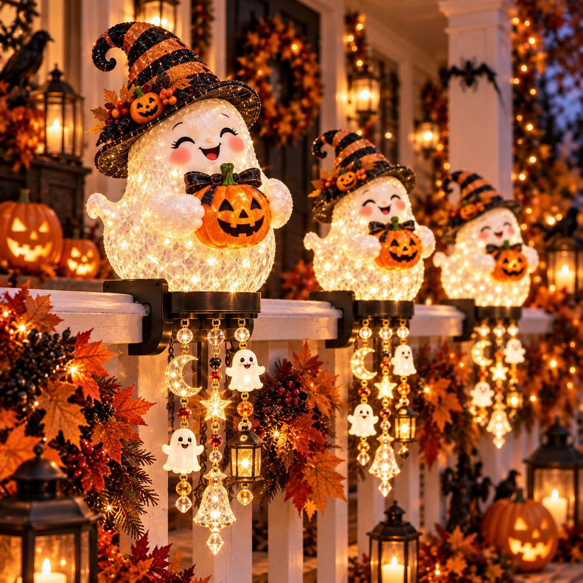 🎃 Halloween Porch Magic Cascade Railing Lights – Pumpkin, Witch, Ghost & Black Cat🎃🎃