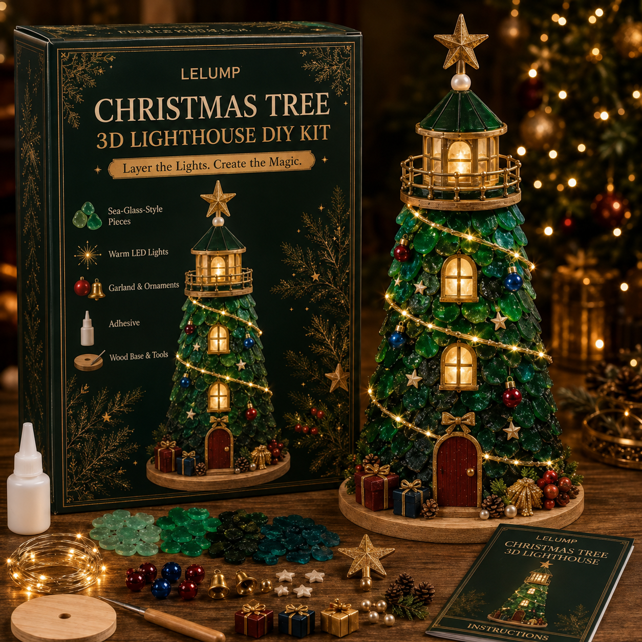 🎄Beginner-Friendly DIY Lighted Christmas Character Sea Glass-Style Lighthouse Kit Collection | Complete Kit with Sea Glass-Style Pieces, LED Lights & Step-by-Step Guide Included 💕