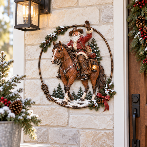 🤠🐎 Cowboy Santa Ranch Christmas Wall Art – Rustic Horse & Lasso Holiday Accent